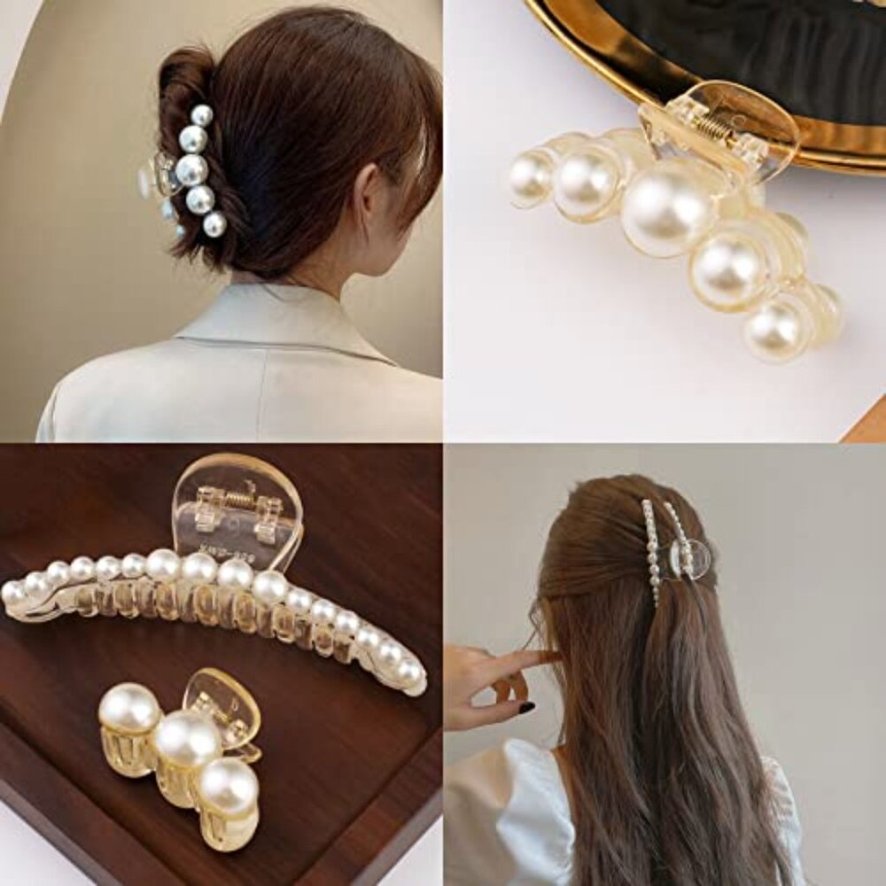 Large Pearl Hair Claw Clips Set of 4 for Thick Hair Styling - Picture 4 of 7